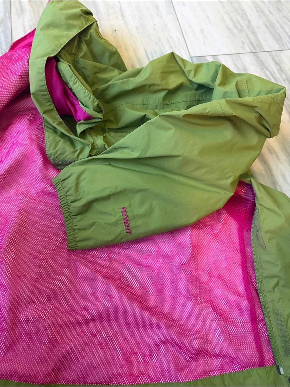 The North Face Olive Green Raincoat with Pink Lining